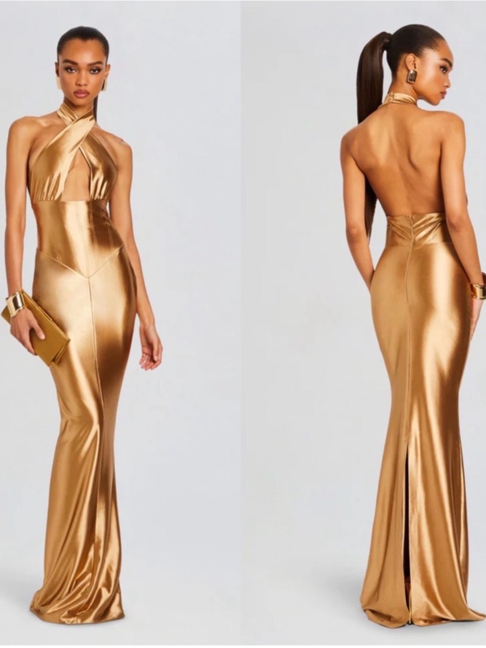 Retrofete Charity Gold Maxi Corset Halter Dress XXS